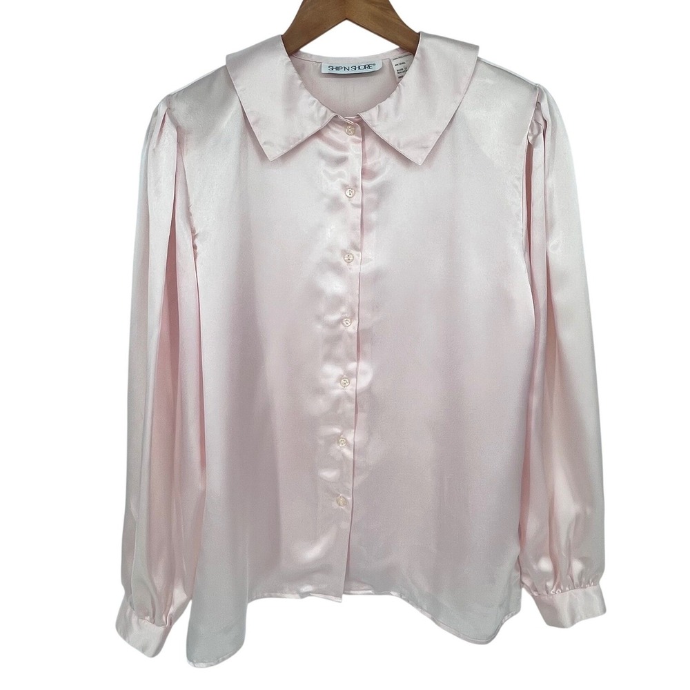 Vintage‎ Ship n Shore Blouse Womens 12 Pink Satin Button Up Coquette Soft Girl